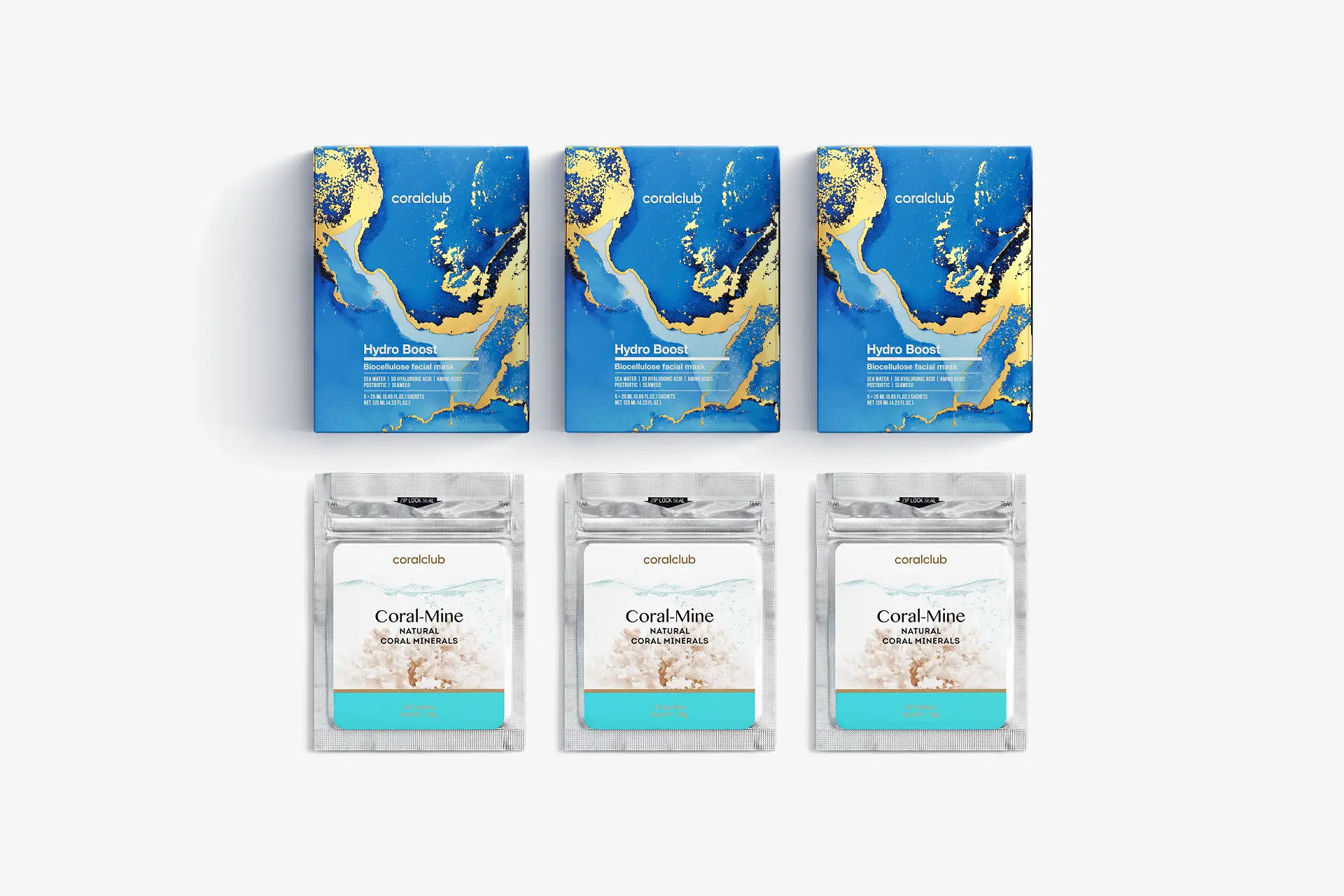 Coral Club - Hydro Boost Biocellulose Facial Mask, 3 scatole da 5 bustine monodose (25ml) + Coral-Mine, 30 bustine x 1 g, Kit