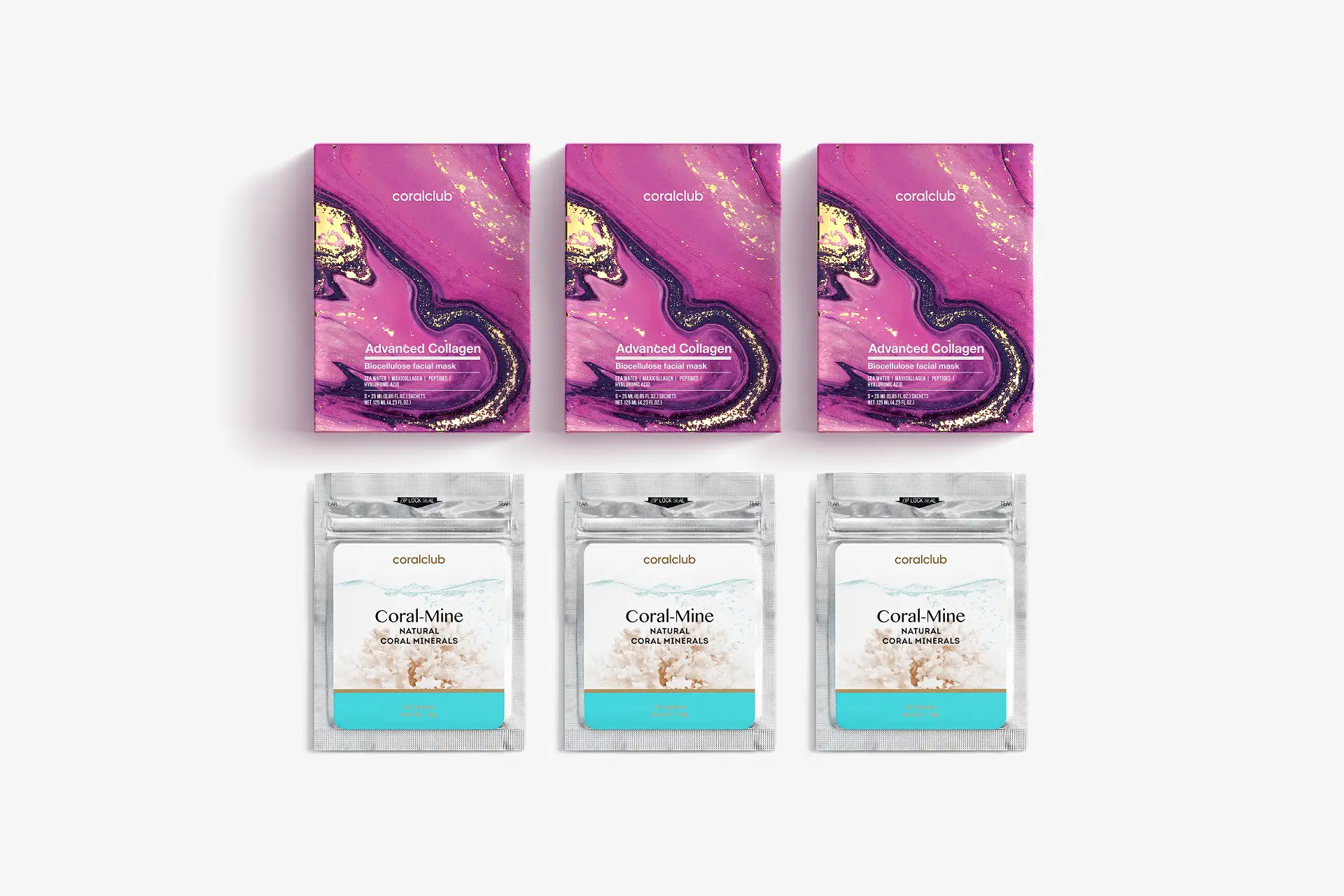 Coral Club - Advanced Collagen Biocellulose facial mask, 3 scatole da 5 bustine monodose (25ml) + Coral-Mine, 30 bustine x 1 g, Kit